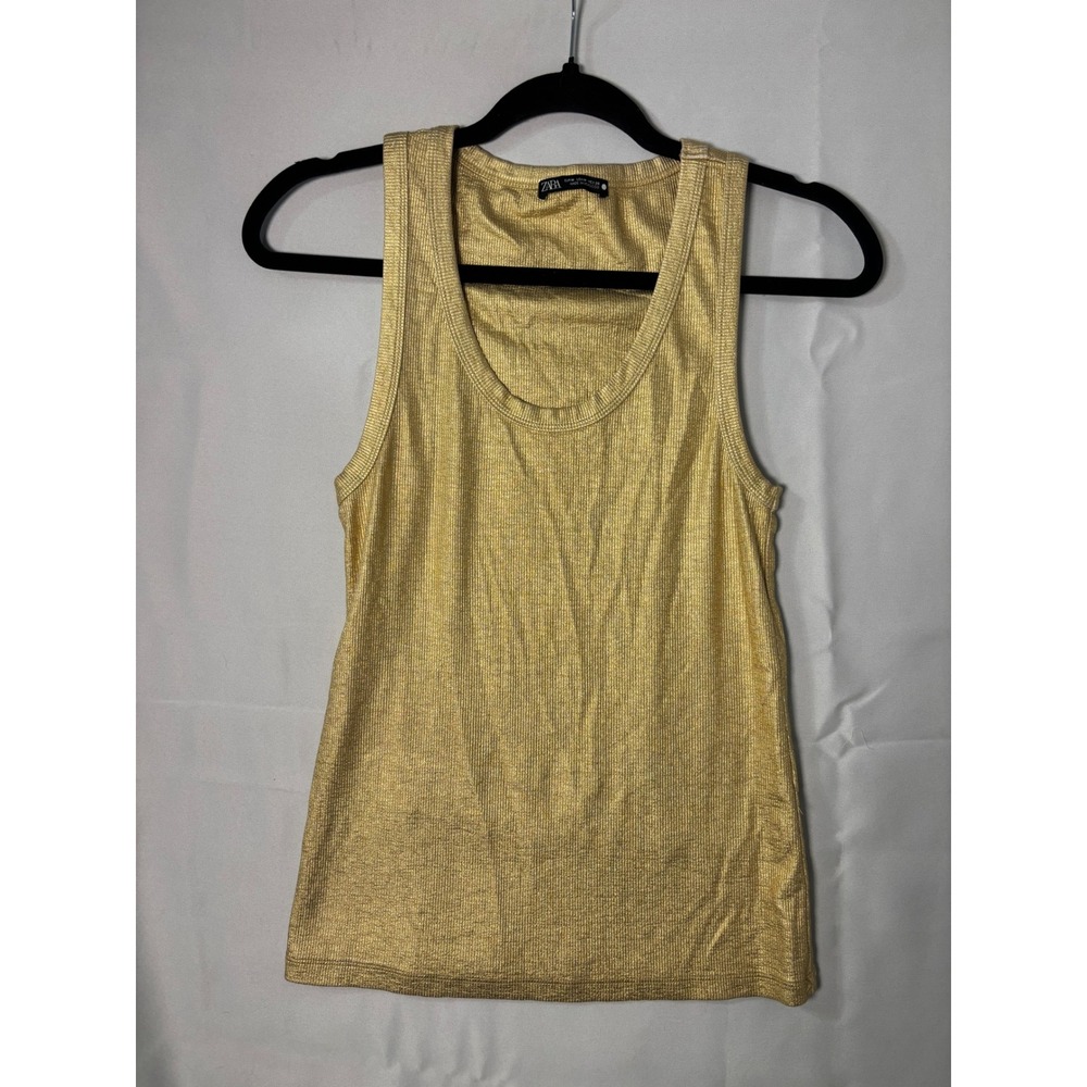 Zara Womens Metallic Gold Ribbed Knit Tank Top Scoop Neck Size Medium